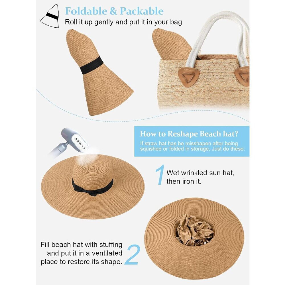 Sun Hats for Women Oversize Wide Brim Straw Beach Hat Floppy - Picture 3 of 6